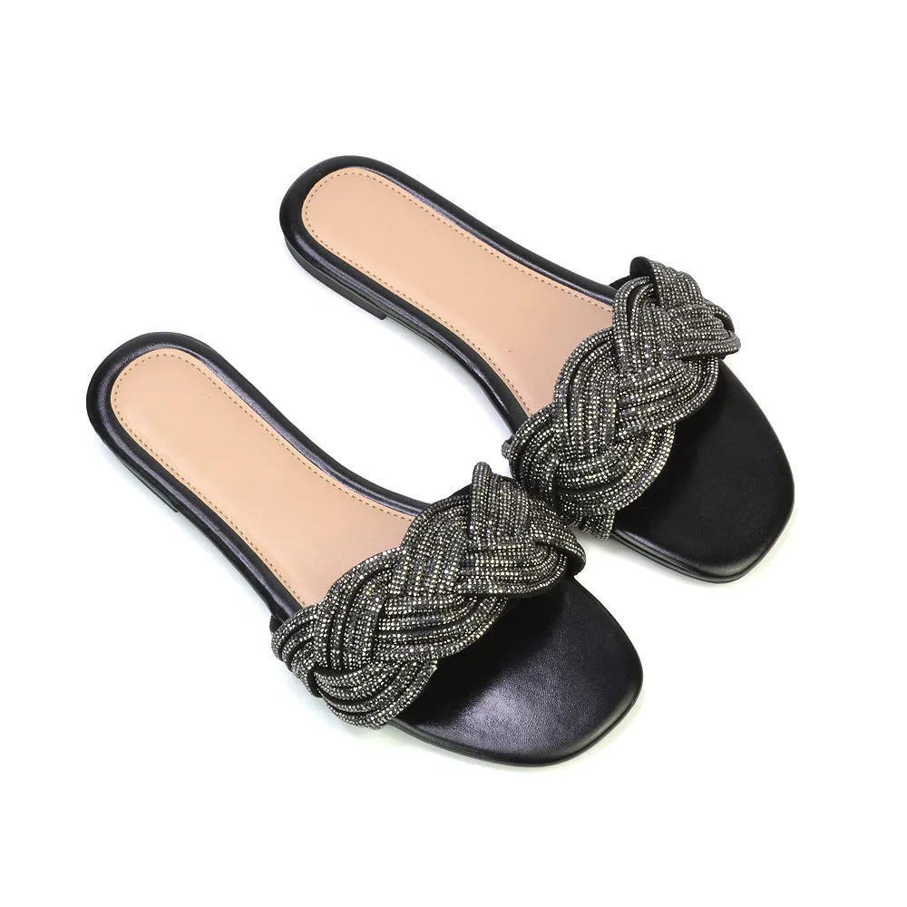 Robin Strappy Square Toe Metallic Summer Diamante Flat Sandal Slides in Silver