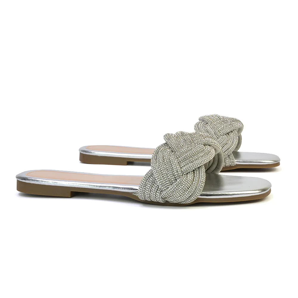 Robin Strappy Square Toe Metallic Summer Diamante Flat Sandal Slides in Silver