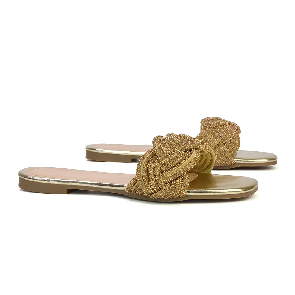 Robin Strappy Square Toe Metallic Summer Diamante Flat Sandal Slides in Silver