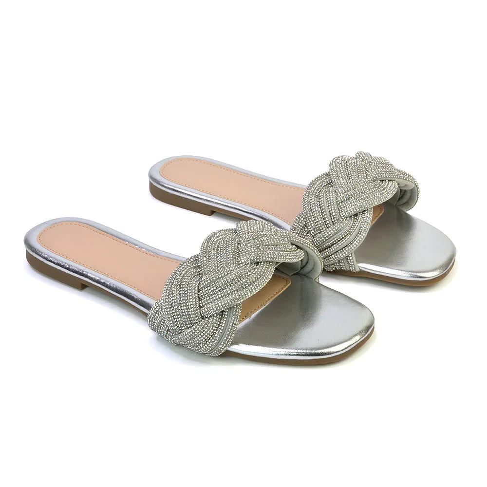 Robin Strappy Square Toe Metallic Summer Diamante Flat Sandal Slides in Silver