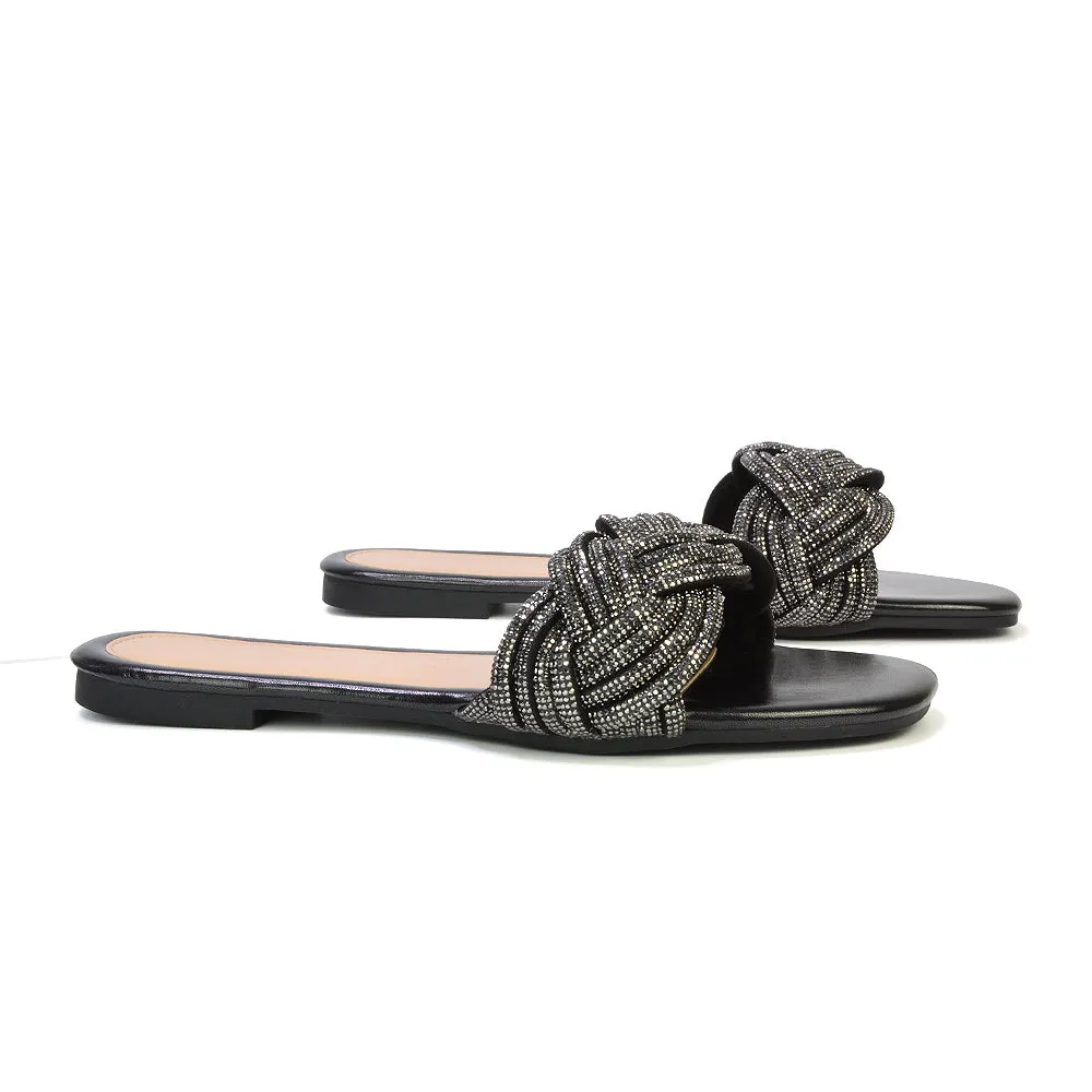 Robin Strappy Square Toe Metallic Summer Diamante Flat Sandal Slides in Silver