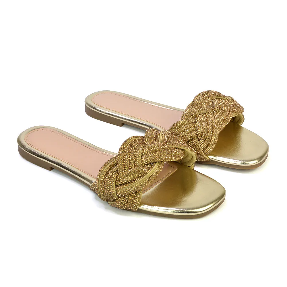 Robin Strappy Square Toe Metallic Summer Diamante Flat Sandal Slides in Silver