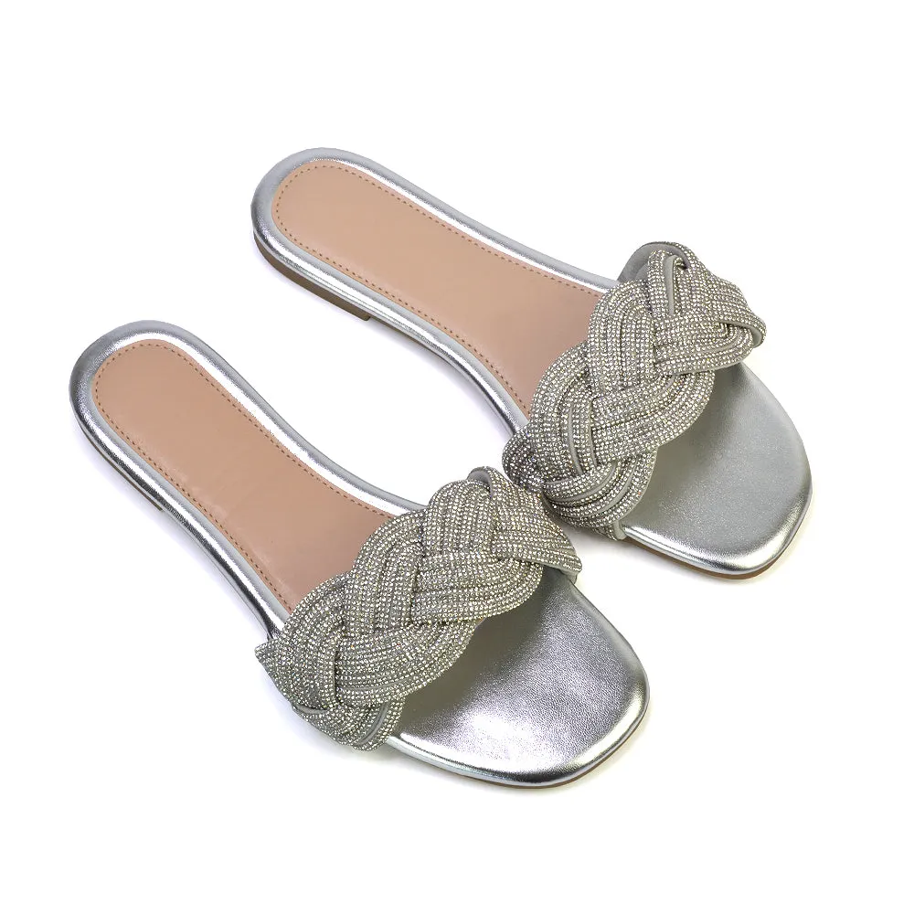 Robin Strappy Square Toe Metallic Summer Diamante Flat Sandal Slides in Silver