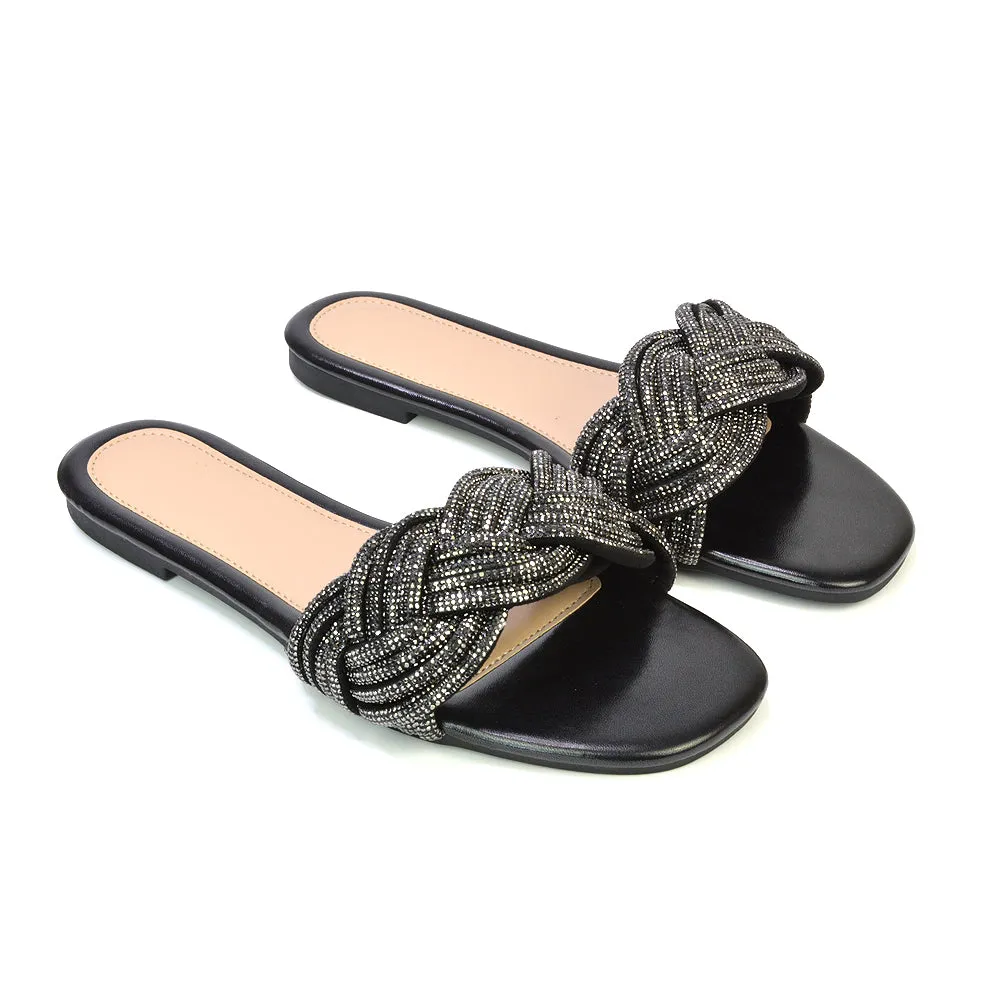 Robin Strappy Square Toe Metallic Summer Diamante Flat Sandal Slides in Silver