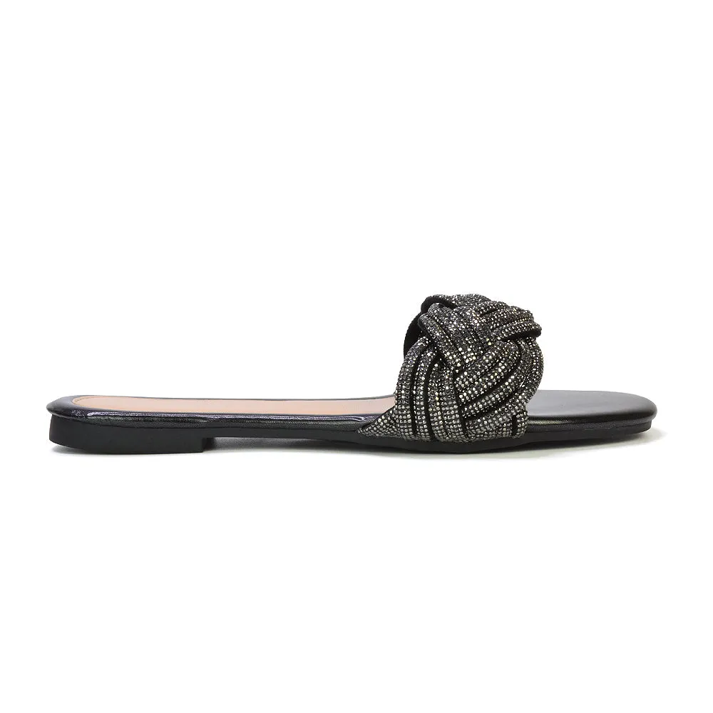 Robin Strappy Square Toe Metallic Summer Diamante Flat Sandal Slides in Silver