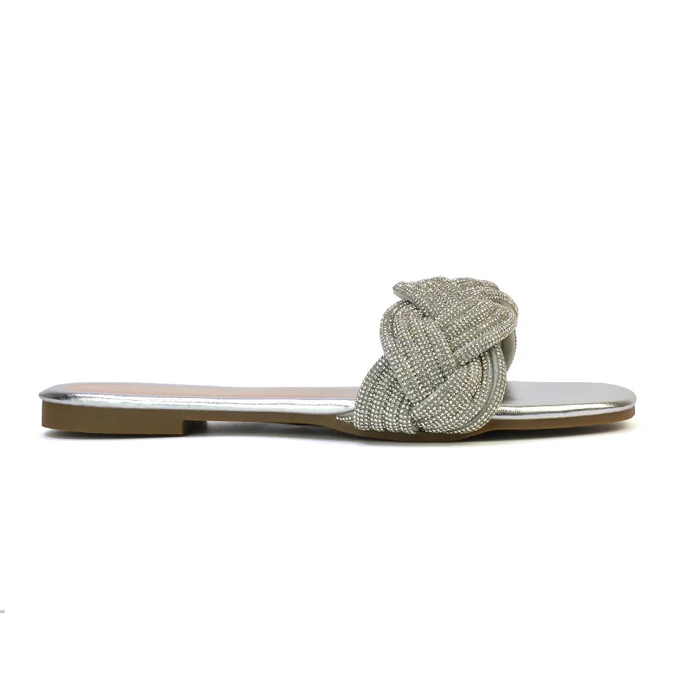 Robin Strappy Square Toe Metallic Summer Diamante Flat Sandal Slides in Silver
