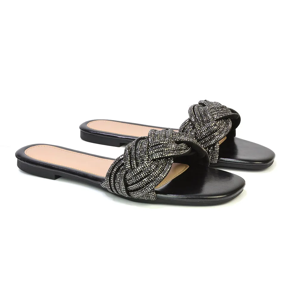 Robin Strappy Square Toe Metallic Summer Diamante Flat Sandal Slides in Silver