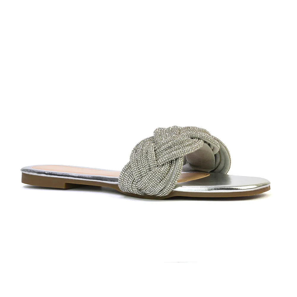Robin Strappy Square Toe Metallic Summer Diamante Flat Sandal Slides in Silver