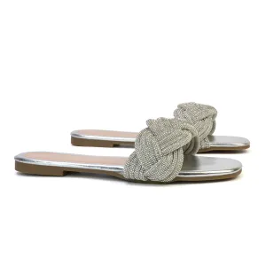 Robin Strappy Square Toe Metallic Summer Diamante Flat Sandal Slides in Silver