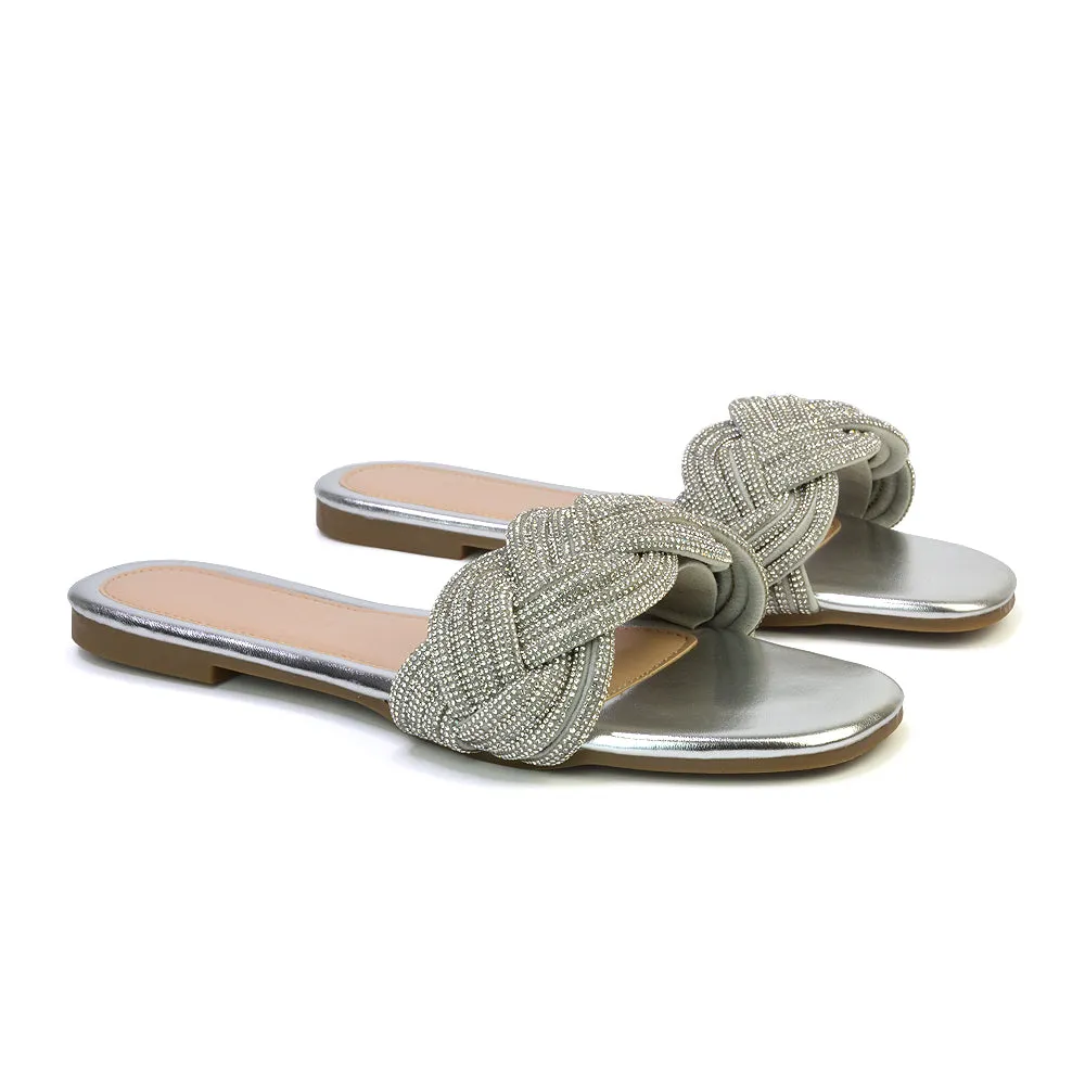 Robin Strappy Square Toe Metallic Summer Diamante Flat Sandal Slides in Silver