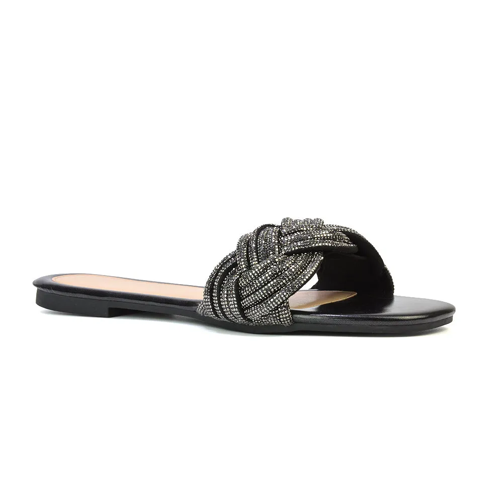 Robin Strappy Square Toe Metallic Summer Diamante Flat Sandal Slides in Silver