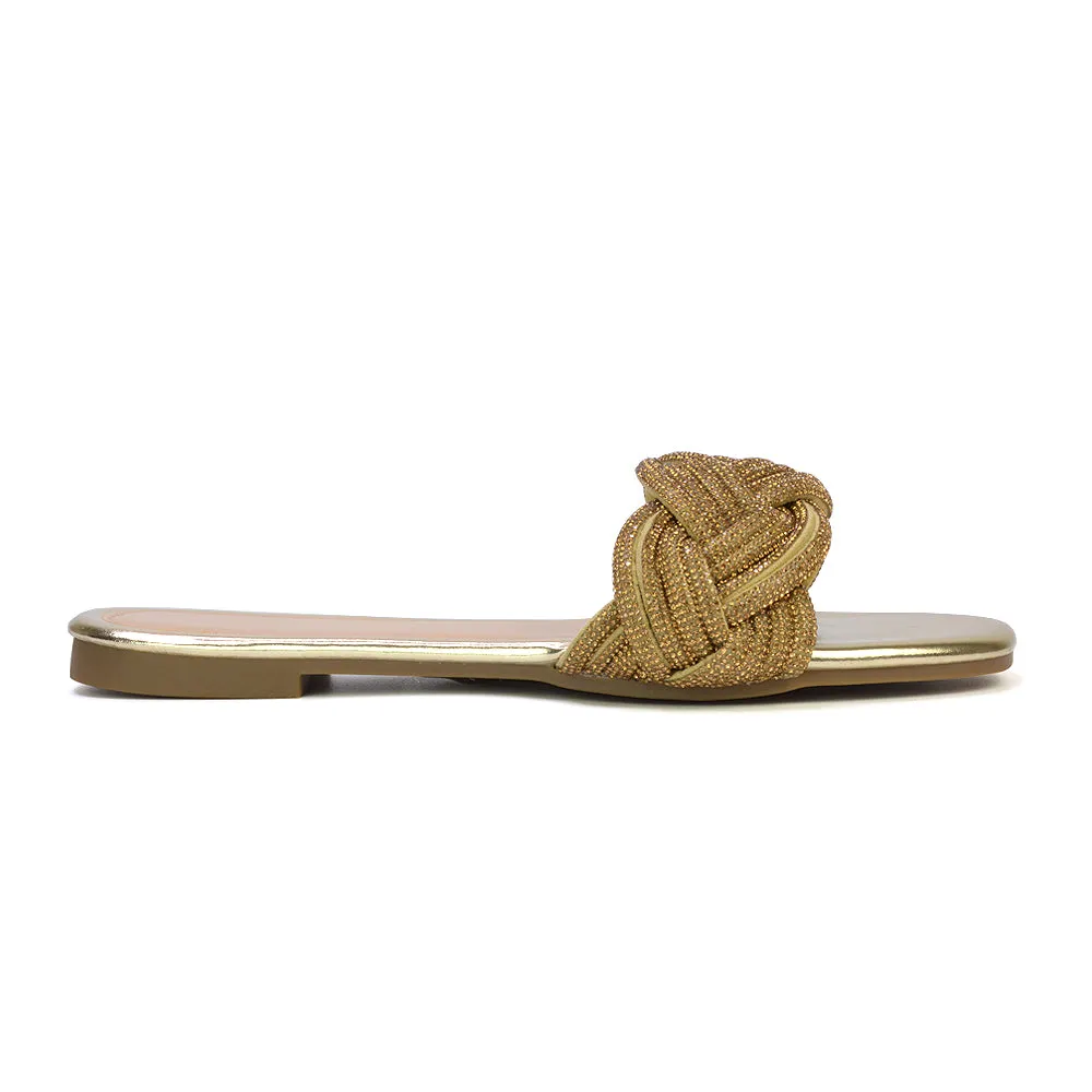 Robin Strappy Square Toe Metallic Summer Diamante Flat Sandal Slides in Silver