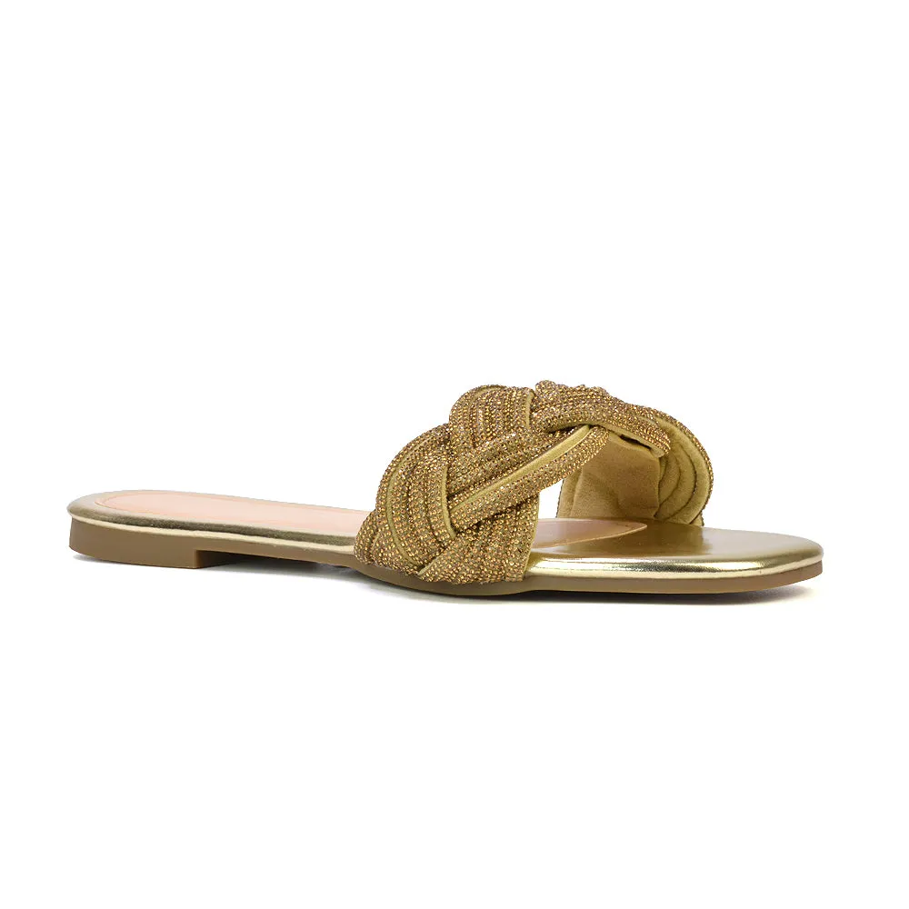 Robin Strappy Square Toe Metallic Summer Diamante Flat Sandal Slides in Silver