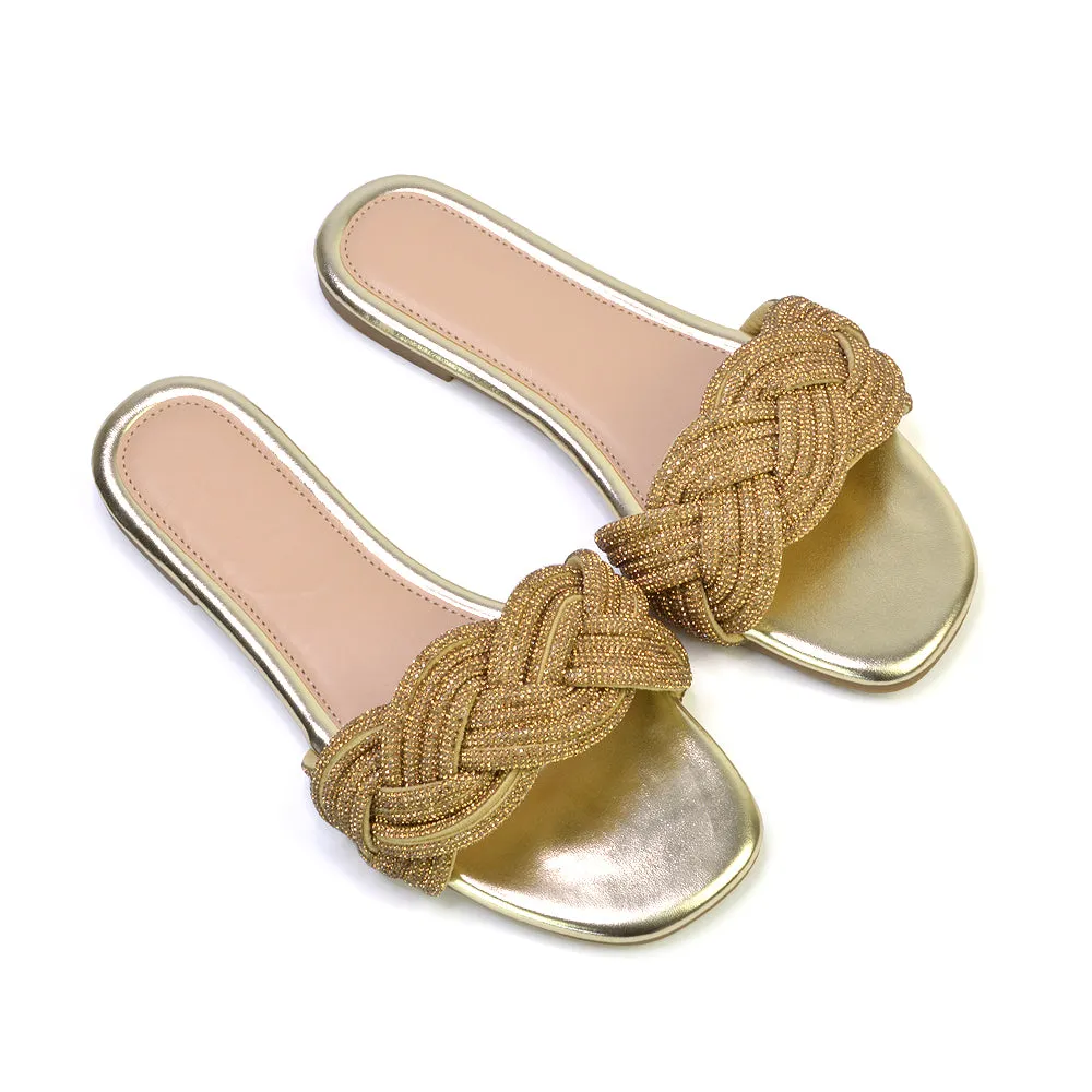 Robin Strappy Square Toe Metallic Summer Diamante Flat Sandal Slides in Silver