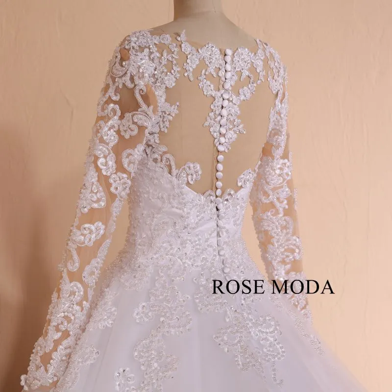 Rosemoda Luxury Structured Long Sleeve Pearl Lace Ball Gown Wedding Dress