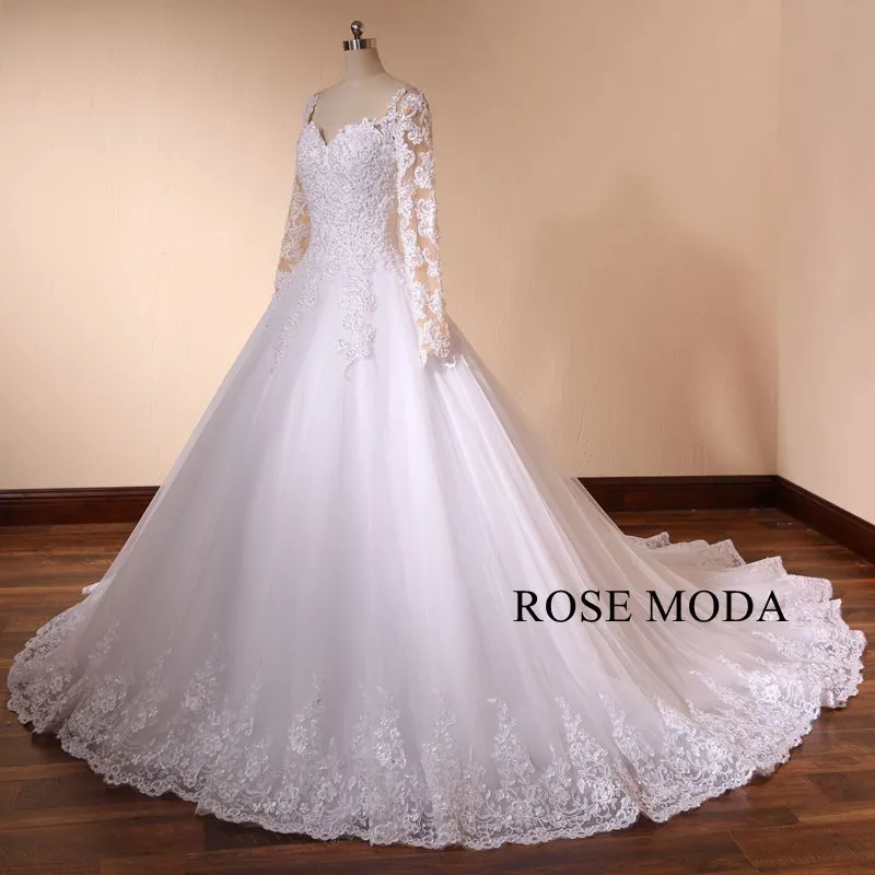 Rosemoda Luxury Structured Long Sleeve Pearl Lace Ball Gown Wedding Dress