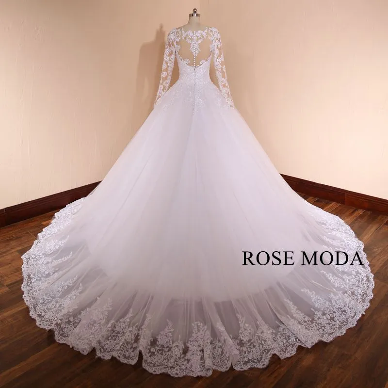 Rosemoda Luxury Structured Long Sleeve Pearl Lace Ball Gown Wedding Dress