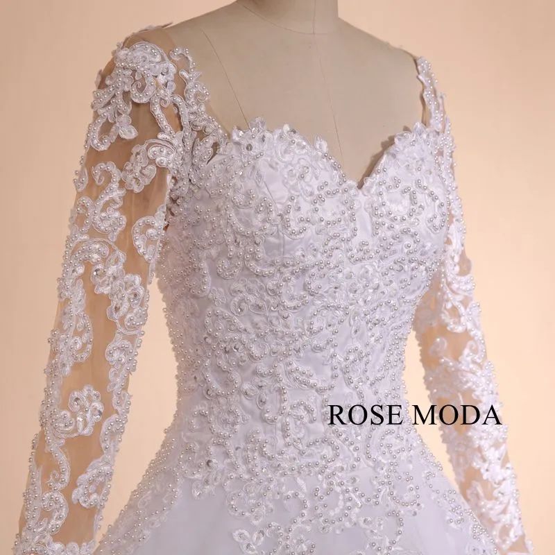 Rosemoda Luxury Structured Long Sleeve Pearl Lace Ball Gown Wedding Dress