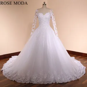 Rosemoda Luxury Structured Long Sleeve Pearl Lace Ball Gown Wedding Dress