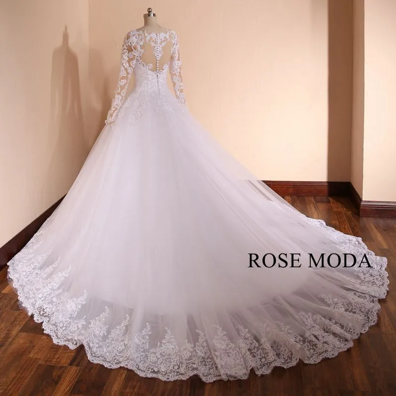 Rosemoda Luxury Structured Long Sleeve Pearl Lace Ball Gown Wedding Dress