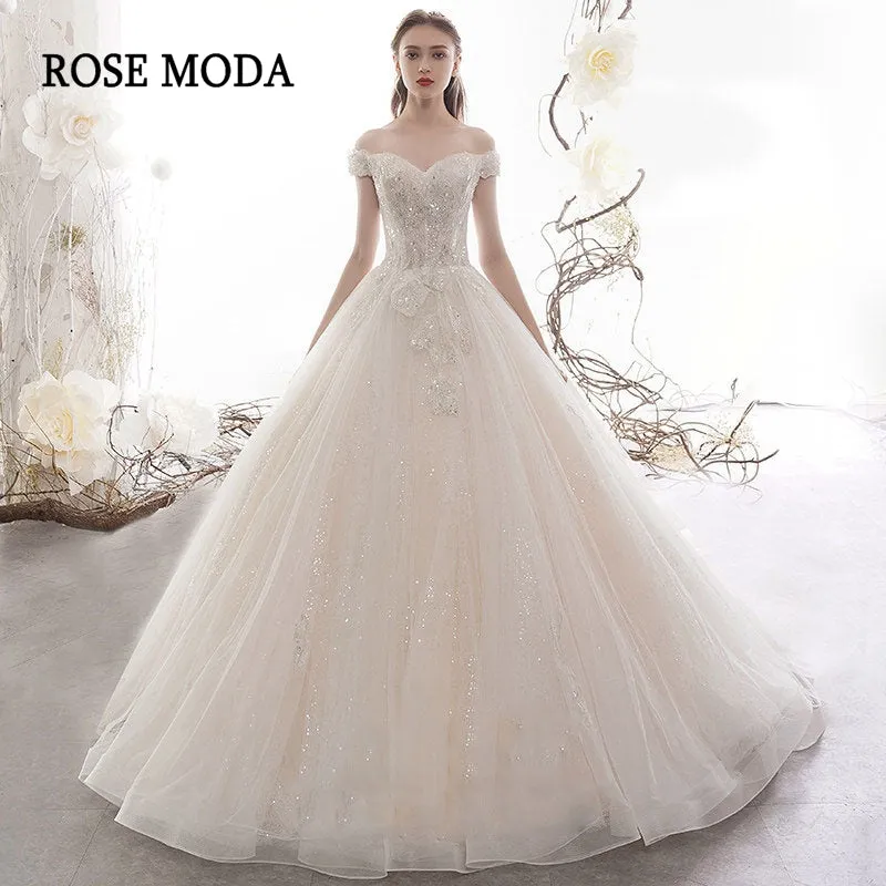 Rosemoda Off Shoulder Sequin Lace Ball Gown Wedding Dress