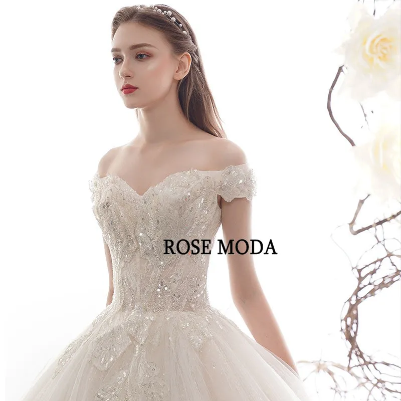 Rosemoda Off Shoulder Sequin Lace Ball Gown Wedding Dress