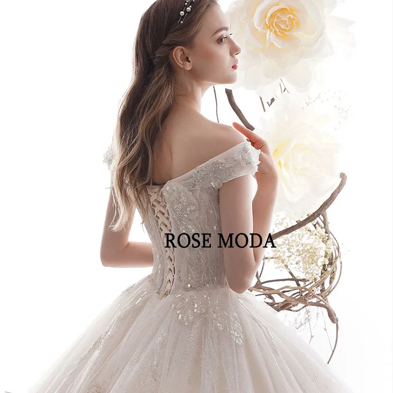 Rosemoda Off Shoulder Sequin Lace Ball Gown Wedding Dress