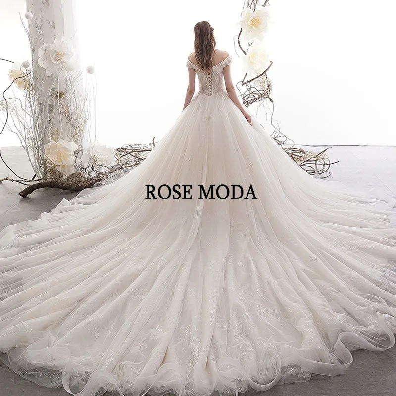 Rosemoda Off Shoulder Sequin Lace Ball Gown Wedding Dress