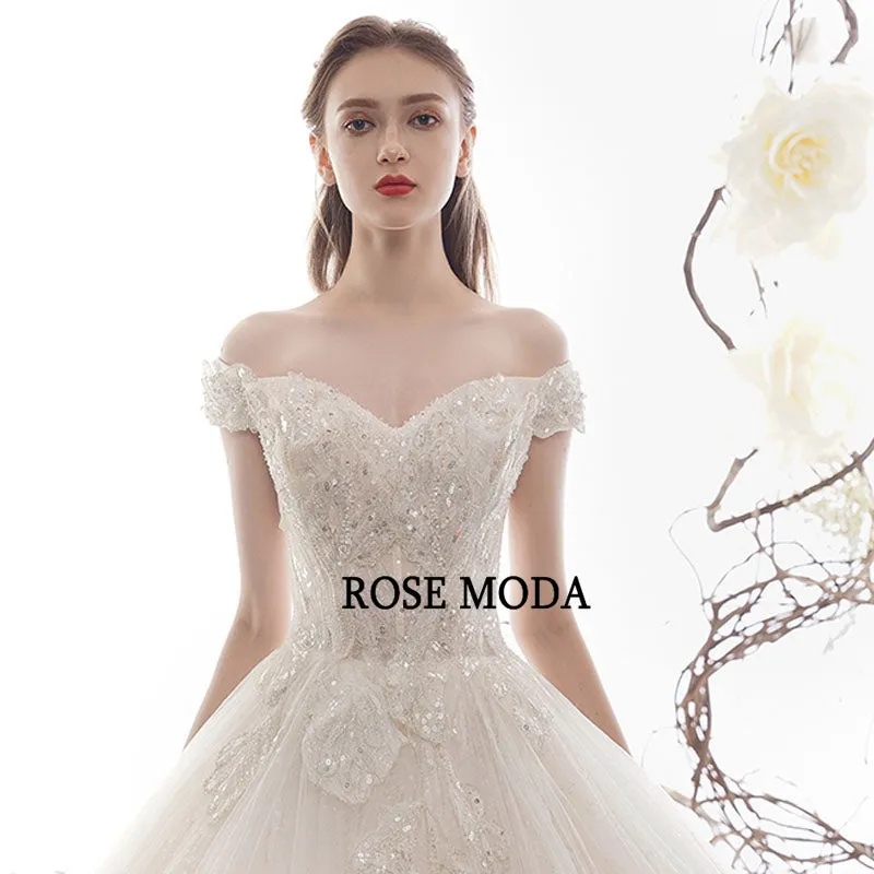 Rosemoda Off Shoulder Sequin Lace Ball Gown Wedding Dress