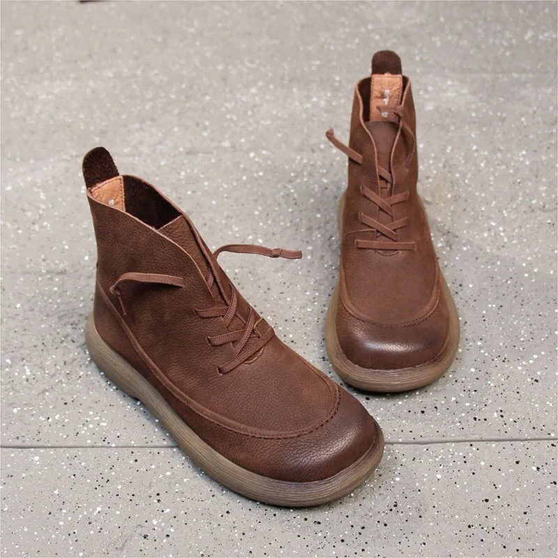 Round Toe Leather Martin Boots Lace-Up Combat Boots Soft Ankle Boots in Coffee/Gray
