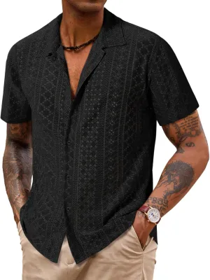 Runcati Mens Casual Button Down Shirt Short Sleeve Summer Beach Hollow Out Tropical Shirts