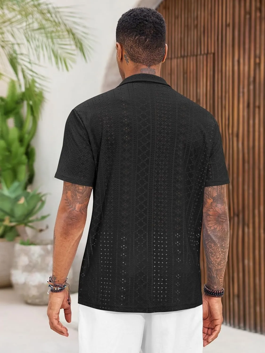 Runcati Mens Casual Button Down Shirt Short Sleeve Summer Beach Hollow Out Tropical Shirts