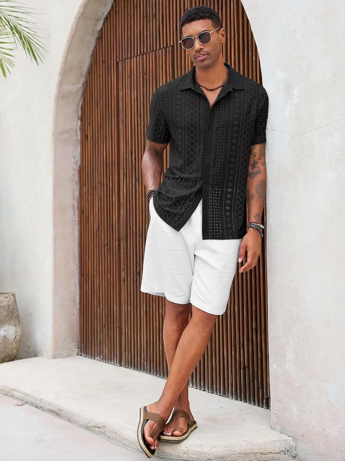 Runcati Mens Casual Button Down Shirt Short Sleeve Summer Beach Hollow Out Tropical Shirts