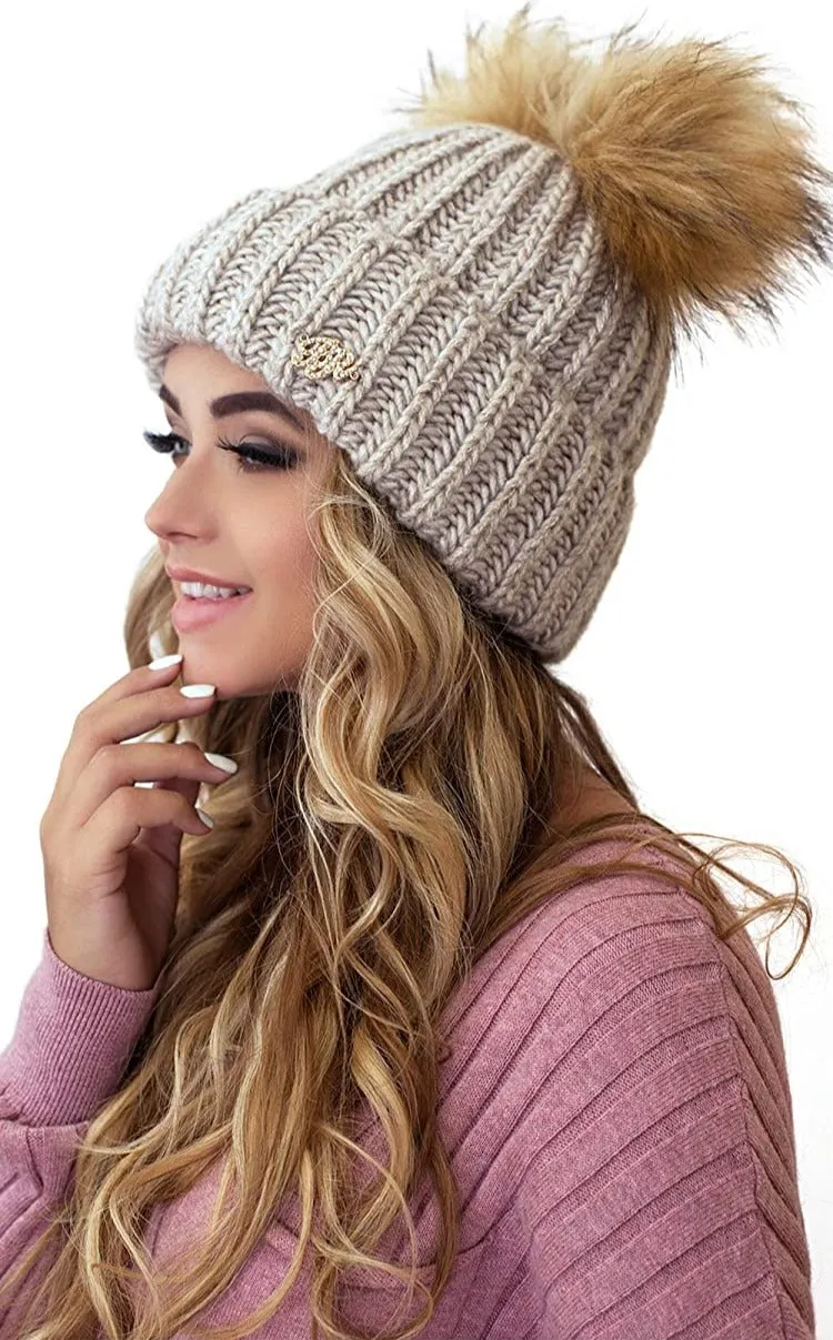 Soft Beige Cable Knit Winter Warm Women's Fur Pom Pom Hat