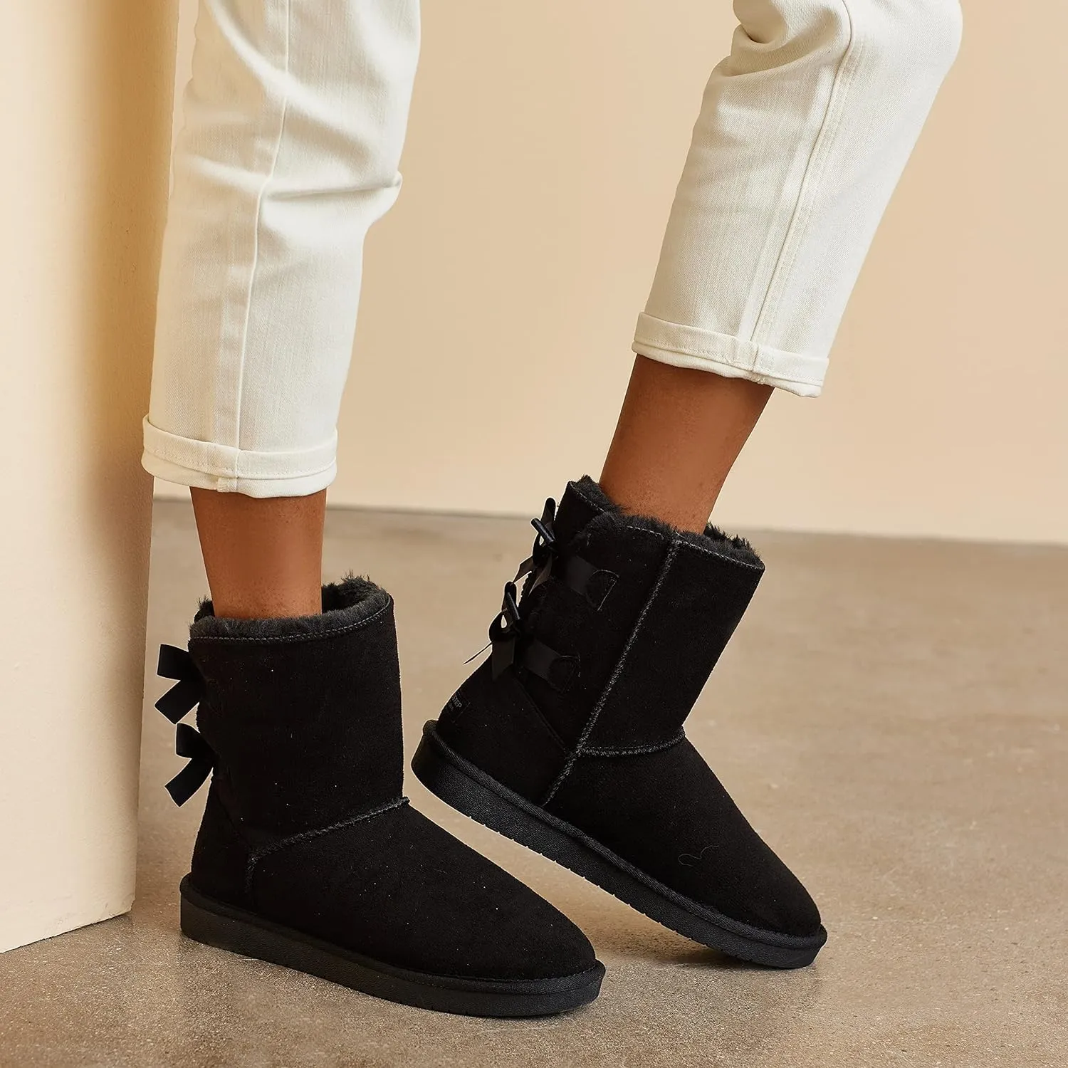 Stylish Back Bow Fur Lined Comfy Black Suede Winter Boots