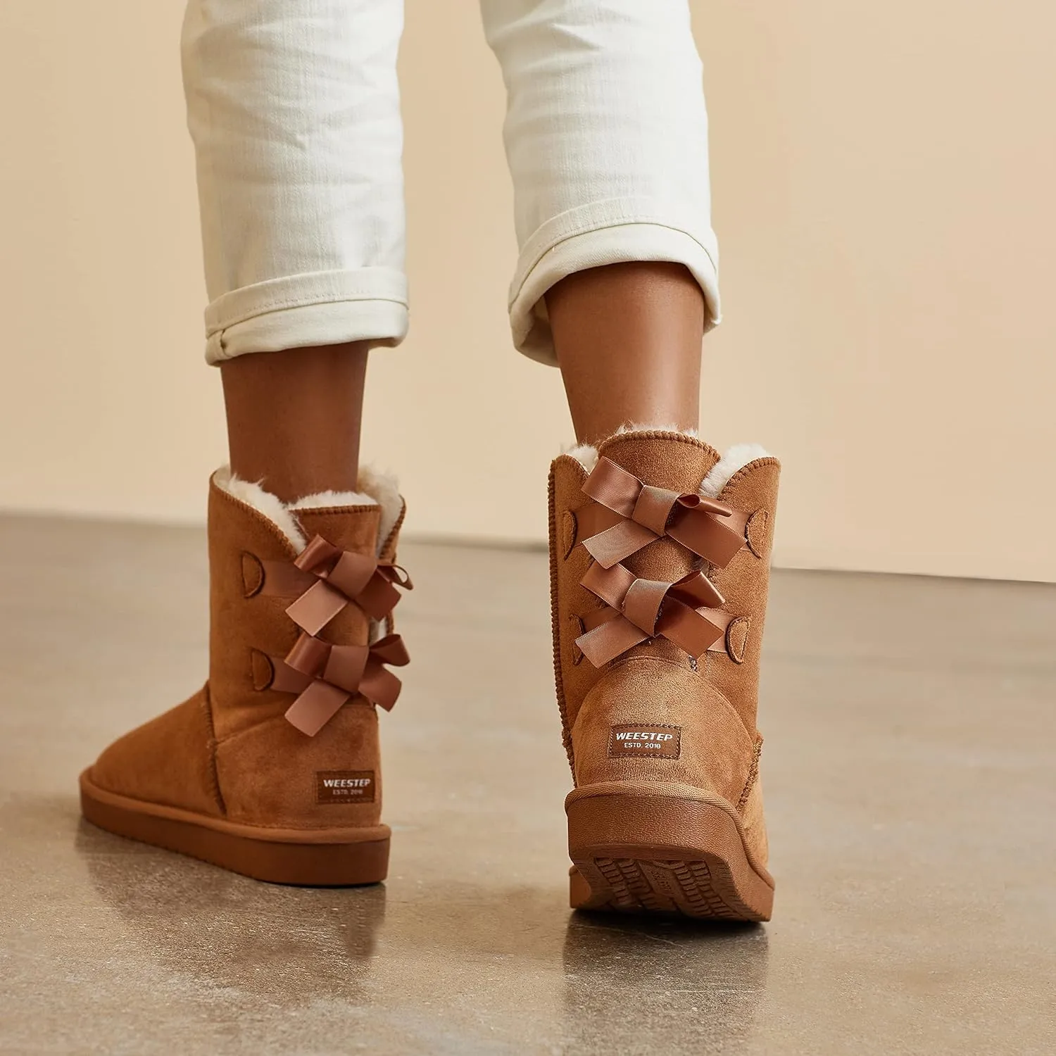 Stylish Back Bow Fur Lined Comfy Black Suede Winter Boots