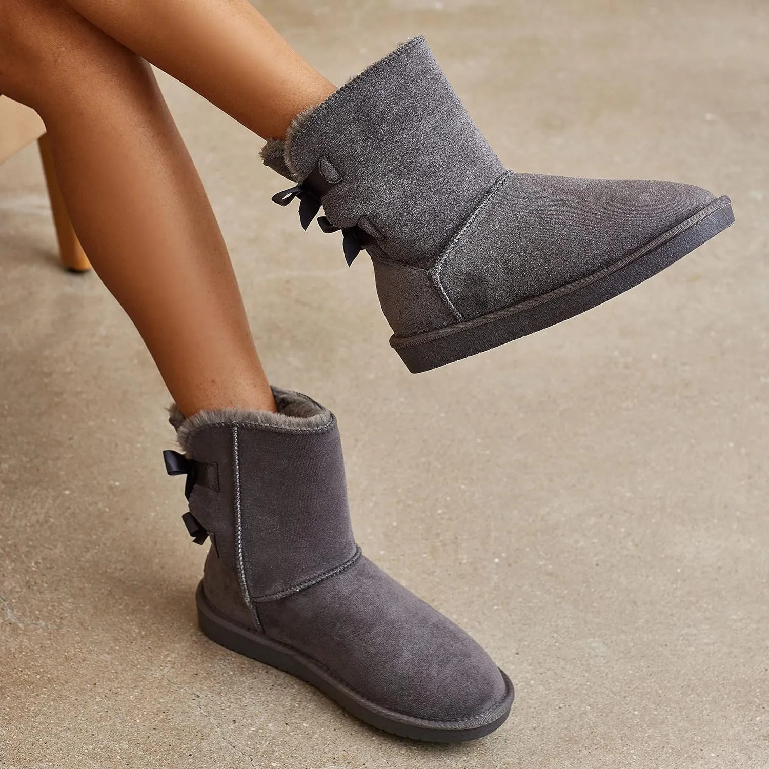 Stylish Back Bow Fur Lined Comfy Black Suede Winter Boots