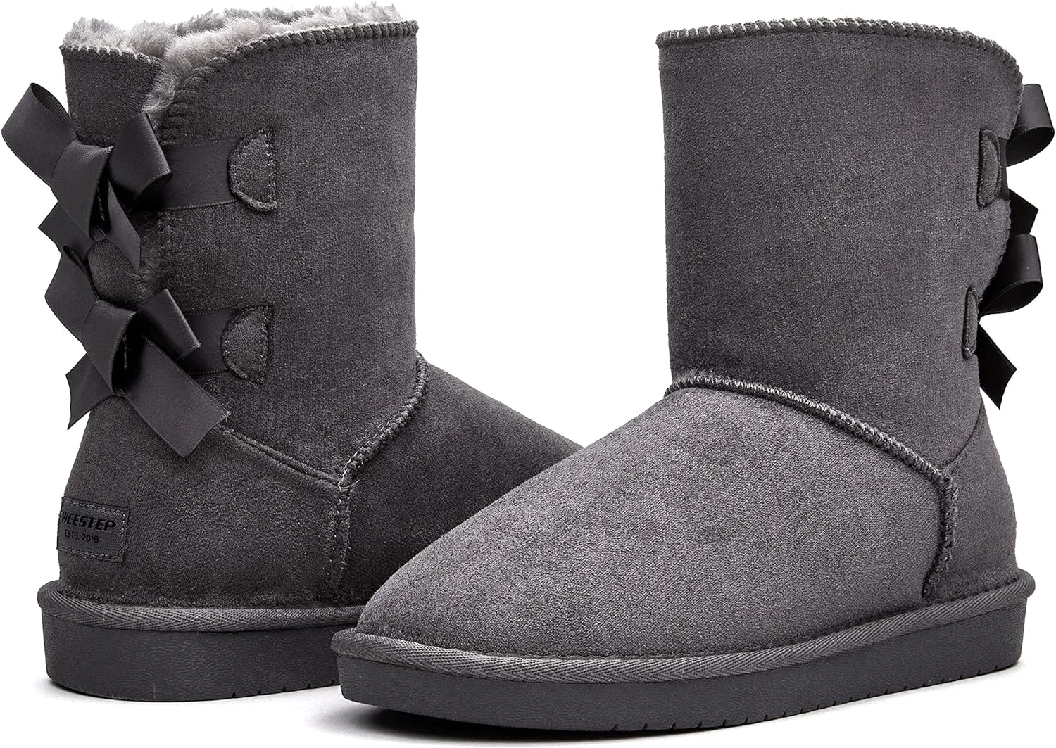 Stylish Back Bow Fur Lined Comfy Black Suede Winter Boots