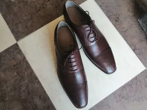 Stylish Men's Handmade Burgundy Leather Cap Toe Brogue Lace Up Dress Formal Shoes