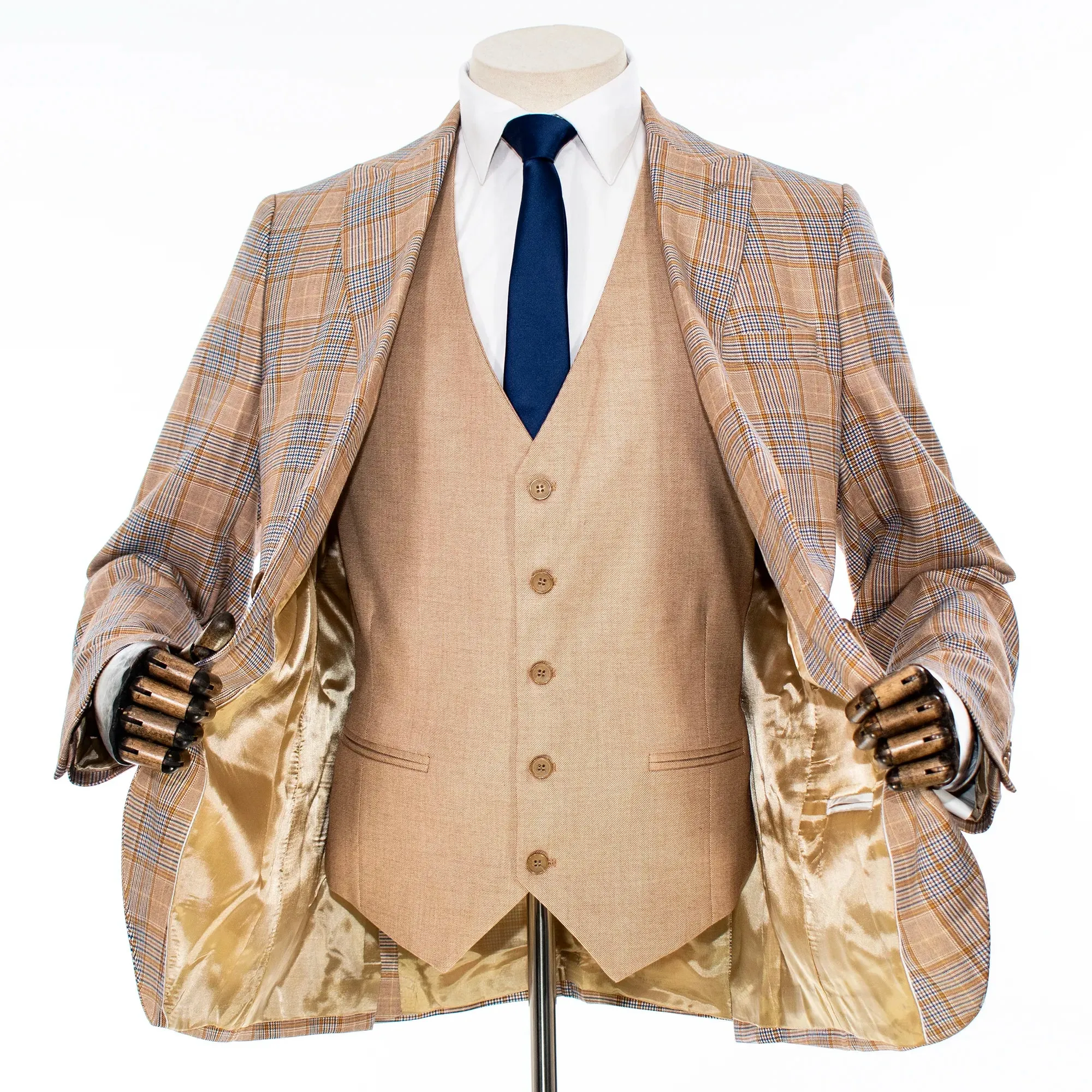 Tan Plaid 3-Piece Slim-Fit Suit