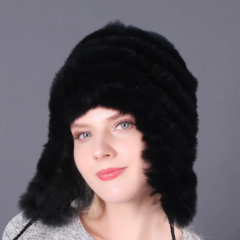 Thickened warm rex rabbit fur hat ear protection hat fur cotton hat ladies wool hat autumn and winter