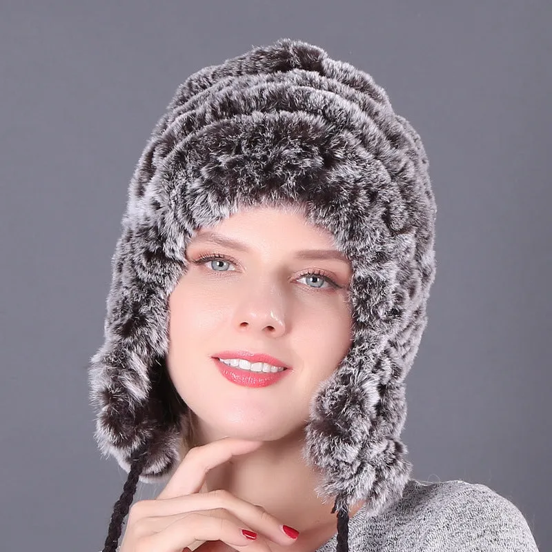 Thickened warm rex rabbit fur hat ear protection hat fur cotton hat ladies wool hat autumn and winter