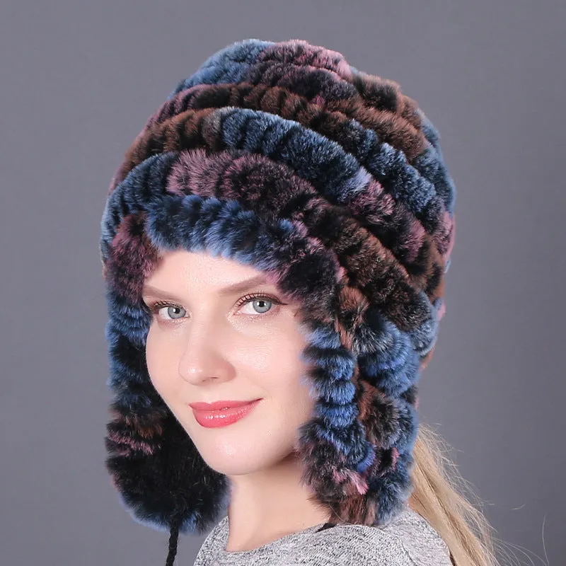 Thickened warm rex rabbit fur hat ear protection hat fur cotton hat ladies wool hat autumn and winter