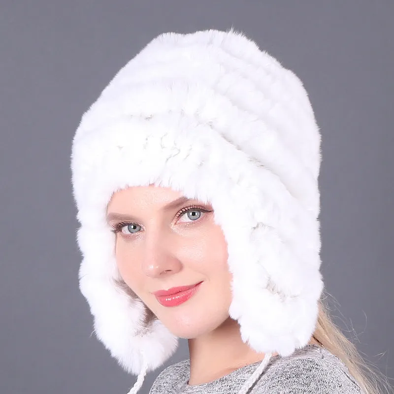 Thickened warm rex rabbit fur hat ear protection hat fur cotton hat ladies wool hat autumn and winter