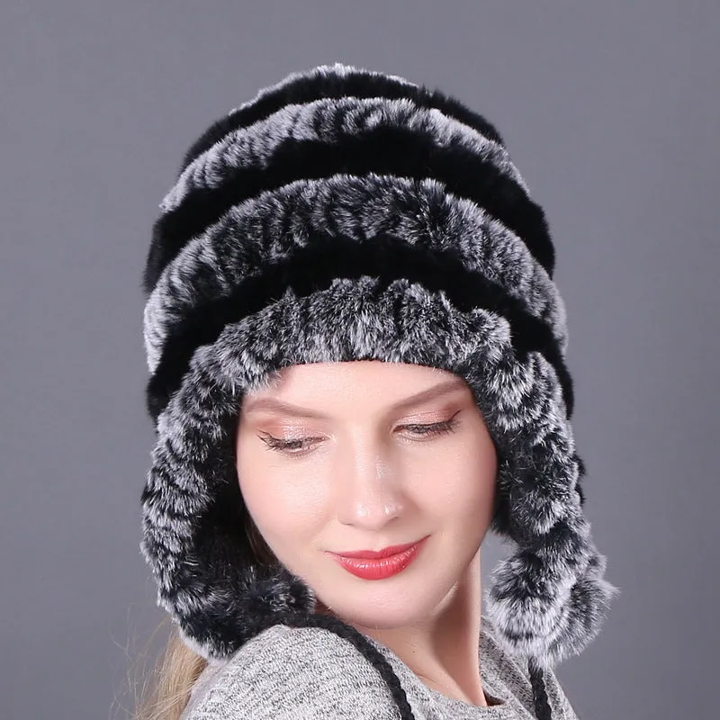 Thickened warm rex rabbit fur hat ear protection hat fur cotton hat ladies wool hat autumn and winter
