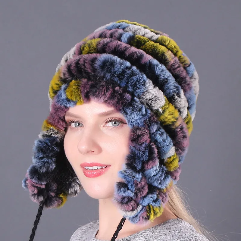 Thickened warm rex rabbit fur hat ear protection hat fur cotton hat ladies wool hat autumn and winter