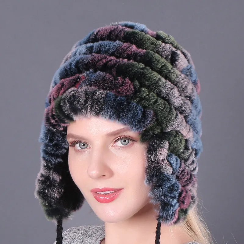 Thickened warm rex rabbit fur hat ear protection hat fur cotton hat ladies wool hat autumn and winter