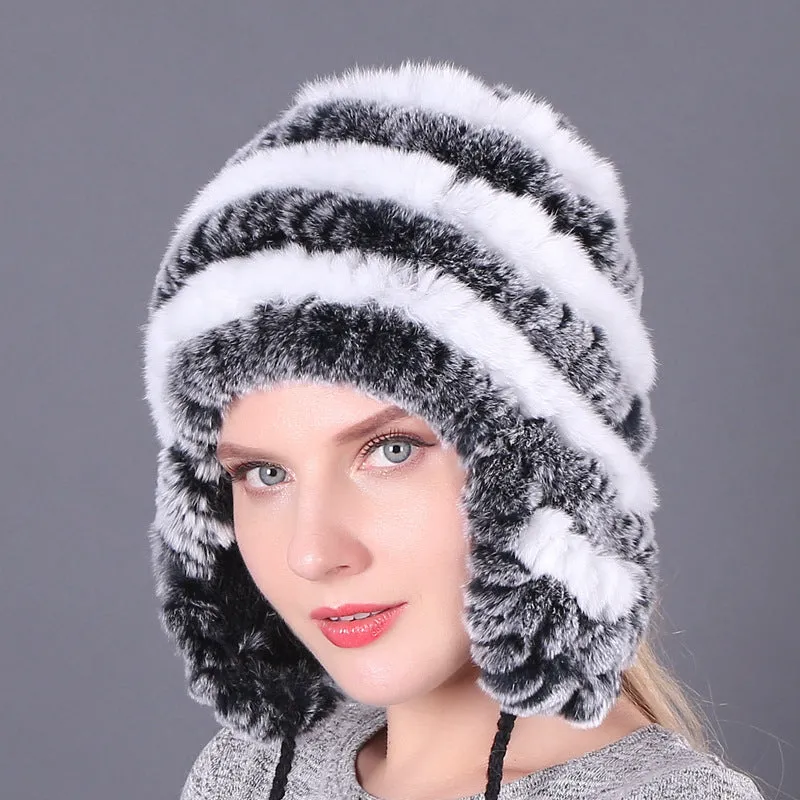 Thickened warm rex rabbit fur hat ear protection hat fur cotton hat ladies wool hat autumn and winter