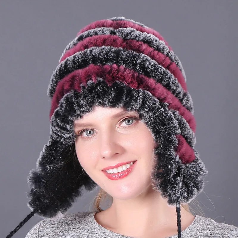 Thickened warm rex rabbit fur hat ear protection hat fur cotton hat ladies wool hat autumn and winter