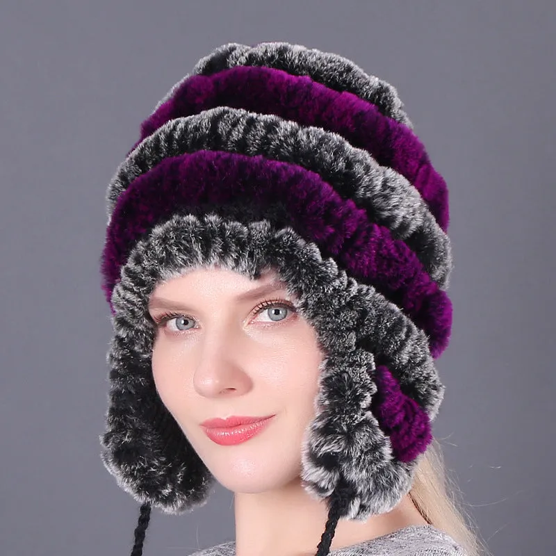 Thickened warm rex rabbit fur hat ear protection hat fur cotton hat ladies wool hat autumn and winter